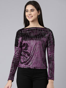 SHOWOFFFF - Womens Boat Neck Embellished Purple Regular Top