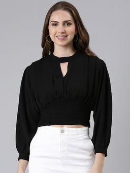 SHOWOFF - Womens High Neck Bishop Sleeves Solid Cinched Waist Black Crop Top