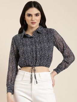 SHOWOFFFF - Womens Shirt Collar Cuffed Sleeves Printed Shirt Style Navy Blue Crop Top