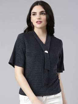 SHOWOFFFF - Womens Embellished Navy Blue Regular Top