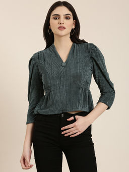 SHOWOFFFF - Womens V-Neck Self Design Green Regular Top