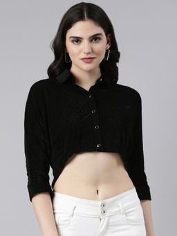 SHOWOFFFF - Womens Shirt Collar Self Design Black Crop Top