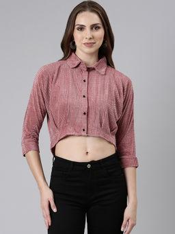 SHOWOFF - Womens Shirt Collar Self Design Mauve Crop Top