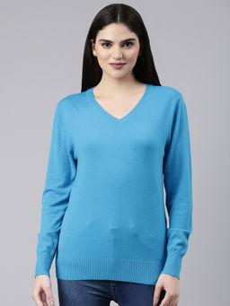 SHOWOFF - Womens V-Neck Solid Blue Fitted Regular Top