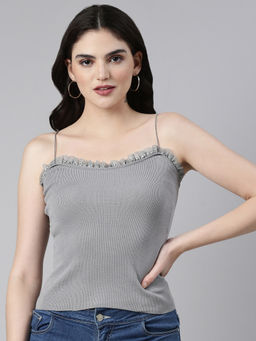 SHOWOFFFF - Womens Shoulder Straps Grey Solid Sleeveless Crop Top