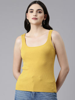 SHOWOFFFF - Womens Scoop Neck Solid Yellow Tank Regular Top