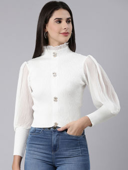 SHOWOFFFF - Womens High Neck Solid Bishop Sleeves Fitted White Crop Top
