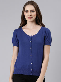 SHOWOFFFF - Womens Round Neck Solid Puff Sleeves Regular Navy Blue Top