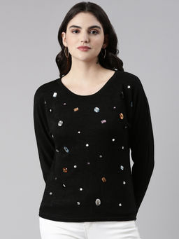 SHOWOFFFF - Womens Round Neck Embellished Regular Black Top