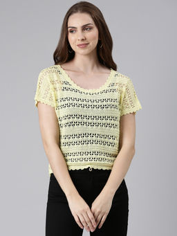 SHOWOFFFF - Womens Scoop Neck Self Design Yellow Regular Top