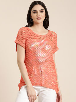 SHOWOFFFF - Womens Scoop Neck Self Design Regular Coral Top