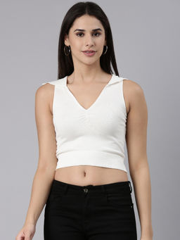 SHOWOFF - Womens Above The Keyboard Collar Solid White Fitted Crop Top