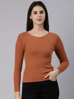 SHOWOFFFF - Womens V-Neck Solid Regular Sleeves Fitted Brown Top