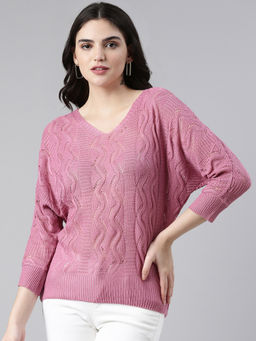 SHOWOFFFF - Womens V-Neck Self Design Regular Mauve Top