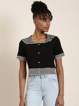 SHOWOFFFF - Womens Peter Pan Collar Printed Black Regular Top