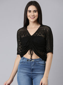 SHOWOFFFF - Womens V-Neck Self Design Regular Black Crop Top