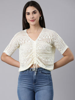 SHOWOFFFF - Womens V-Neck Self Design Regular Cream Crop Top