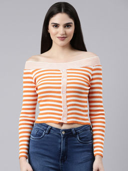 SHOWOFFFF - Womens Off Shoulder Striped Orange Fitted Crop Top