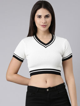 SHOWOFFFF - Womens V-Neck Solid White Fitted Crop Top