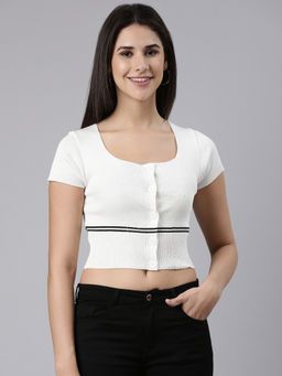 SHOWOFFFF - Womens Stripe Neck Stripe White Fitted Crop Top