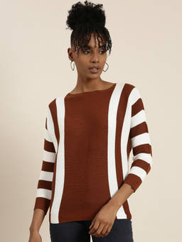 SHOWOFFFF - Womens Boat Neck Colourblocked Kimo Regular Brown Top