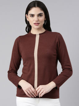 SHOWOFF - Womens High Neck Solid Regular Coffee Brown Top