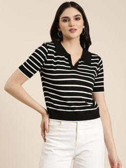 SHOWOFFFF - Womens Shirt Collar Striped Regular Black Top