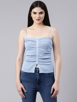 SHOWOFF - Womens Shoulder Straps Solid Blue Fitted Regular Top