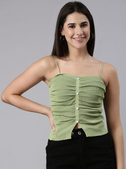 SHOWOFFFF - Womens Shoulder Straps Solid Green Fitted Regular Top