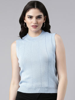 SHOWOFFFF - Womens High Neck Solid Sleeveless Regular Blue Top