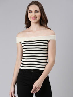 SHOWOFF - Womens Off-Shoulder Striped Sleeveless Fitted Beige Crop Top