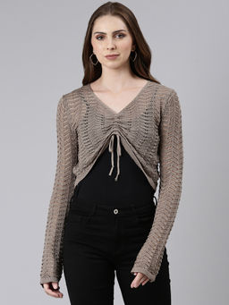 SHOWOFFFF - Womens V-Neck Self Design Taupe Crop Top