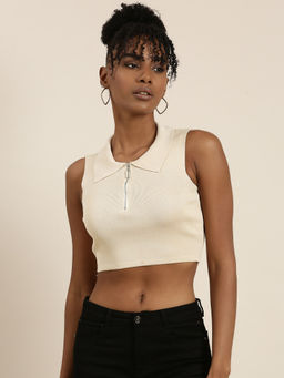 SHOWOFF - Womens Shirt Collar Solid Sleeveless Fitted Beige Crop Top