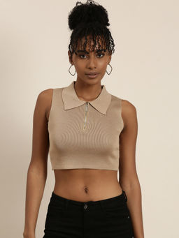 SHOWOFF - Womens Shirt Collar Solid Sleeveless Fitted Tan Crop Top