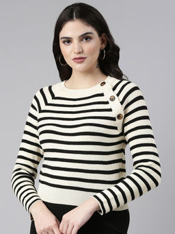 SHOWOFFFF - Womens Round Neck Striped Raglan Sleeves Fitted Beige Top