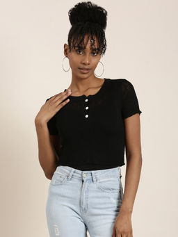 SHOWOFFFF - Womens Round Neck Solid Black Crop Top