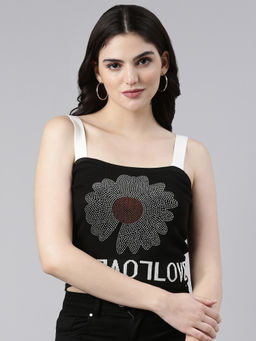 SHOWOFFFF - Womens Shoulder Straps Embellished Sleeveless Black Crop Top