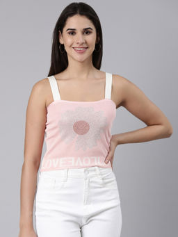 SHOWOFF - Womens Shoulder Straps Embellished Sleeveless Pink Crop Top