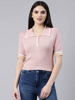 SHOWOFFFF - Womens Above The Keyboard Collar Self Design Pink Regular Top