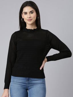 SHOWOFFFF - Womens High Neck Self Design Regular Black Top