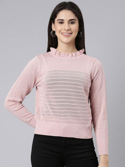 SHOWOFFFF - Womens High Neck Self Design Regular Pink Top