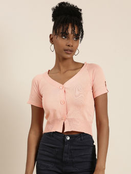 SHOWOFFFF - Womens V-Neck Solid Peach Crop Top