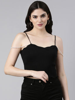 SHOWOFFFF - Womens Shoulder Straps Solid Sleeveless Black Crop Top