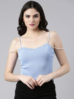 SHOWOFFFF - Womens Shoulder Straps Solid Sleeveless Blue Crop Top