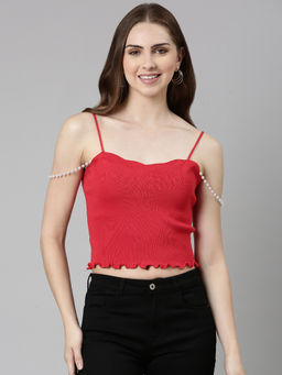 SHOWOFFFF - Womens Shoulder Straps Solid Sleeveless Red Crop Top