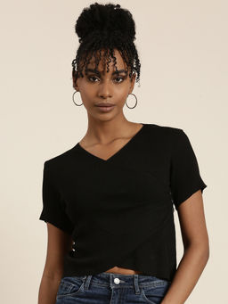 SHOWOFF - Womens V-Neck Solid Regular Sleeves Wrap Black Crop Top