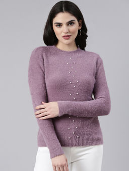 SHOWOFFFF - Womens High Neck Embellished Purple Regular Top