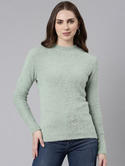 SHOWOFFFF - Womens High Neck Embellished Sea Green Regular Top