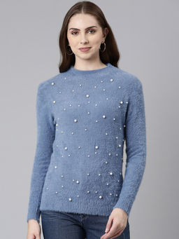 SHOWOFFFF - Womens High Neck Embellished Blue Regular Top