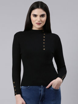 SHOWOFFFF - Womens High Neck Solid Black Fitted Regular Top